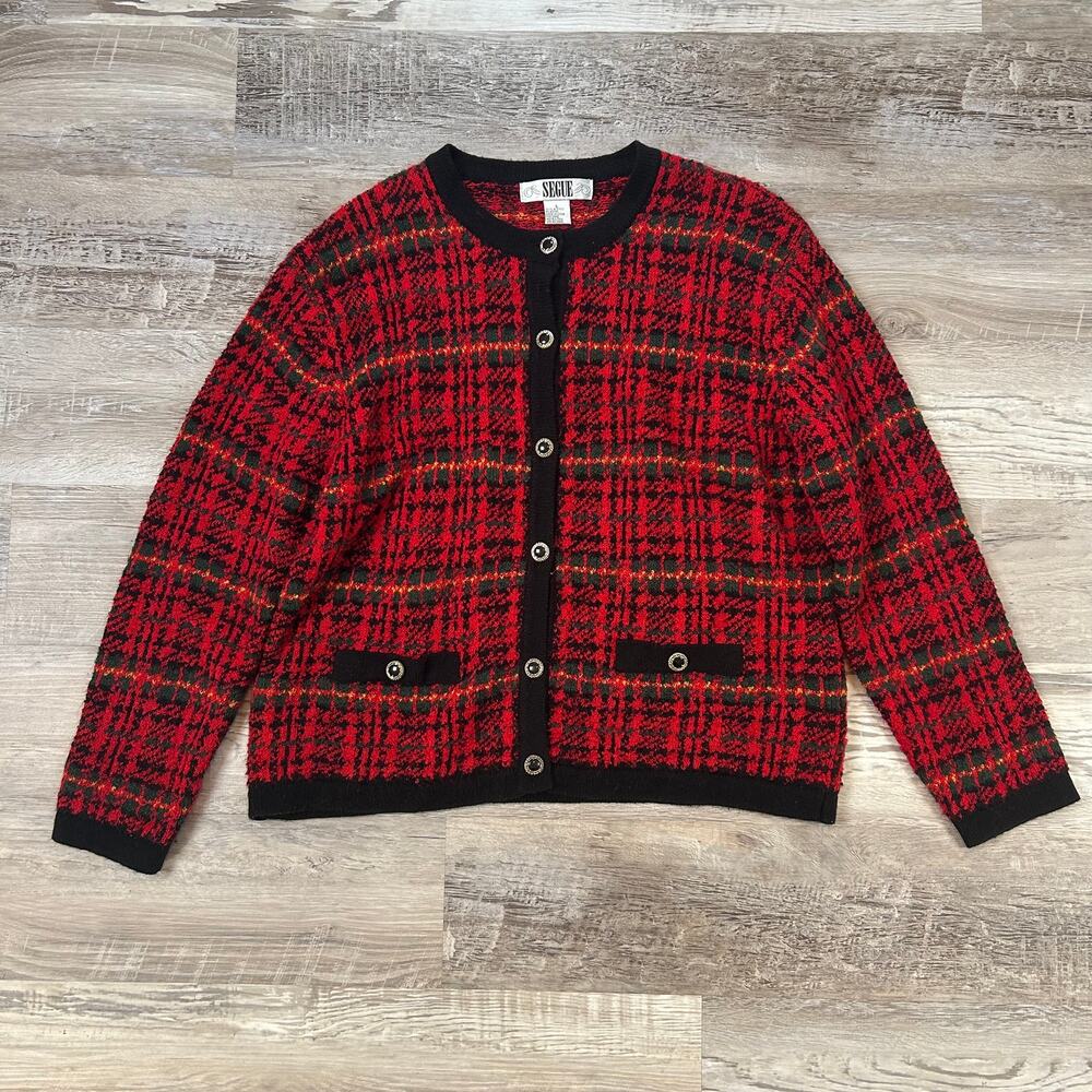 Vintage 90s Segue Plaid Cardigan Jacket Gold Button Lady Jacket Old Money Fall L